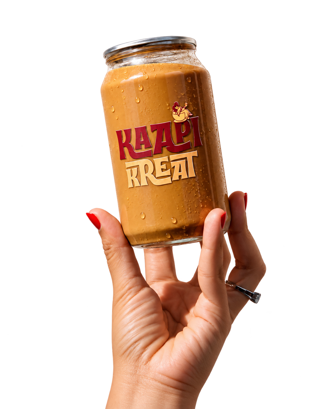 A hand holding a chilled Kaapi Kreat Cold Bru can