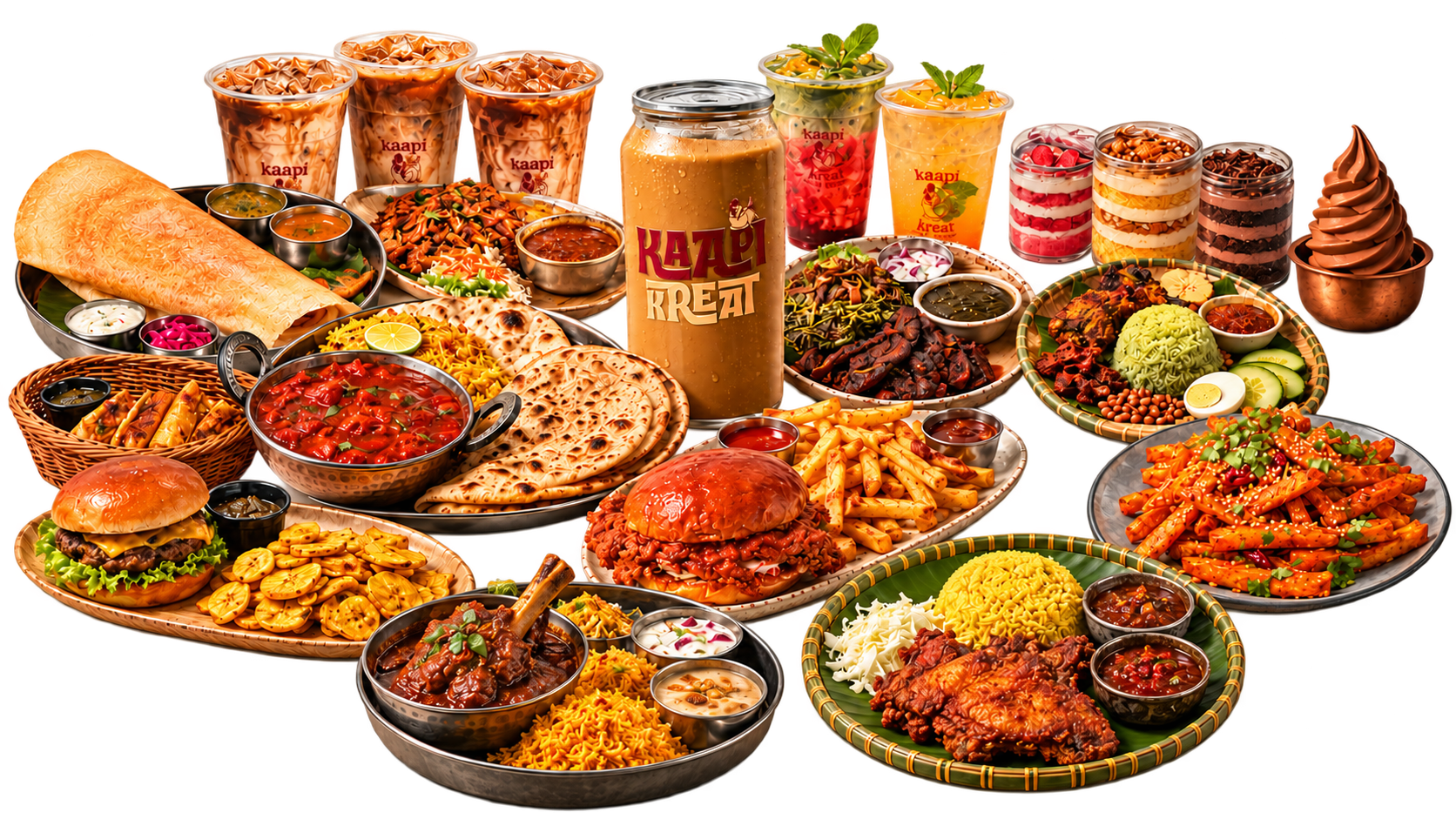 Cold Bru Kaapi surrounded by the café’s rice platters, thosai, kothu parotta, butter chicken, burgers, rolls, masala fries, drinks and desserts.